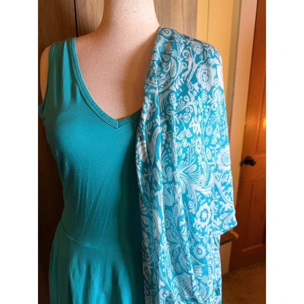 420. 2 Piece Set Dress and Kimono Teal Floral Bird Print XL Sleeveless V-Neck